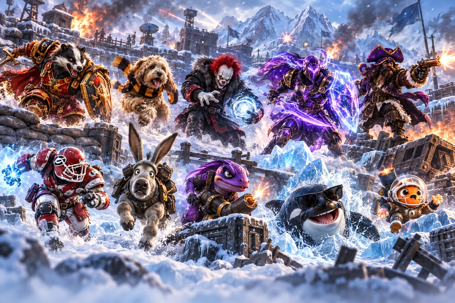 Ten players defending a snowy barricade