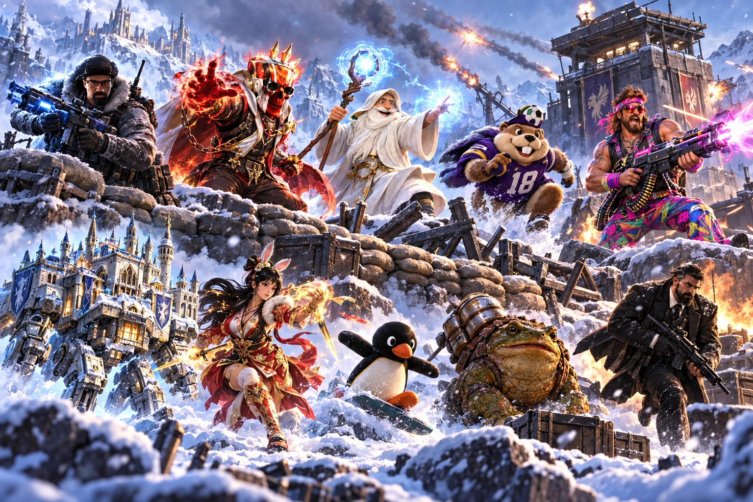 Ten players assaulting a mountain watchtower