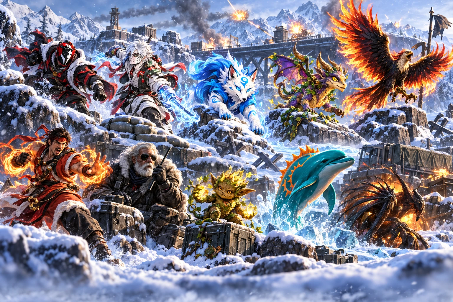 Ten players fighting across a frozen crossing